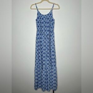 LOFT Blue and White Mosaic Floral Maxi Tank Dress Tiered Hemline Size Small